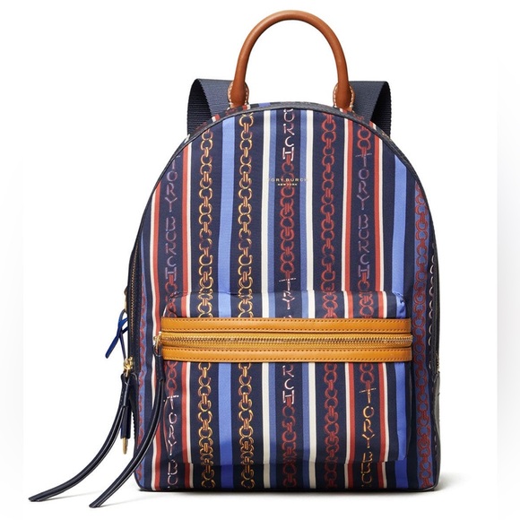 Tory Burch Perry Nylon Printed Zip Backpack in the Gemini Multi Stripe - Picture 2 of 11